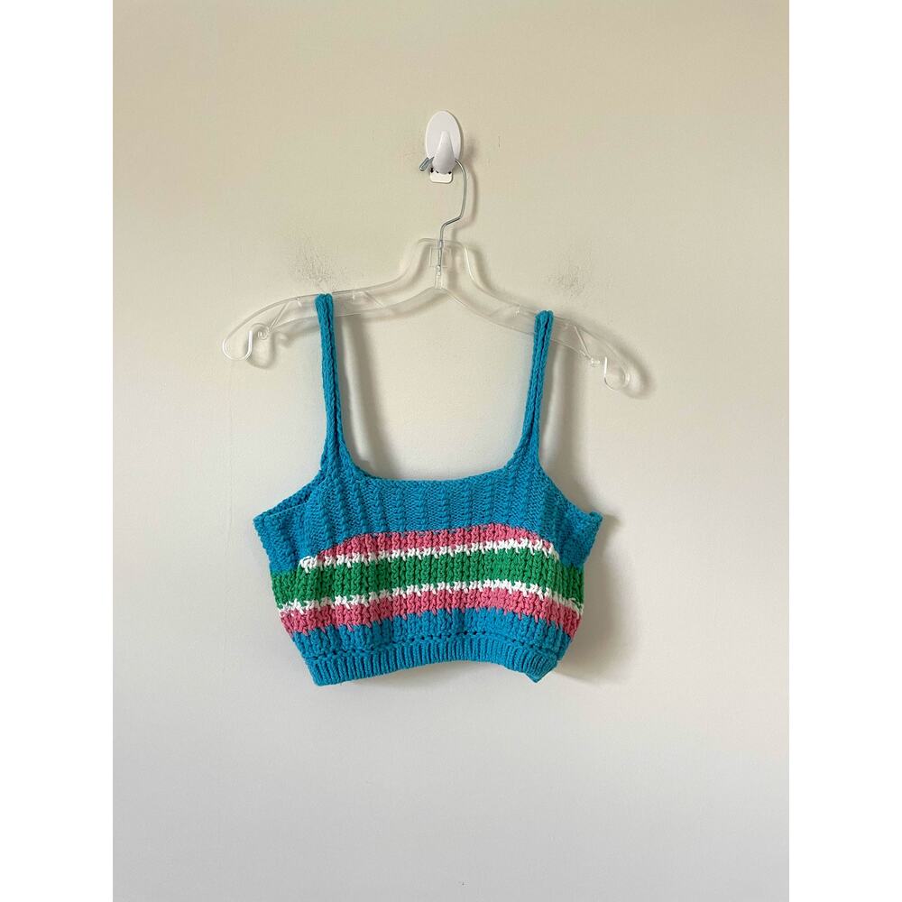 Zara Crochet Hippie 60s 70s Sweater Crop Tank Top Blue Green Pink Size Large